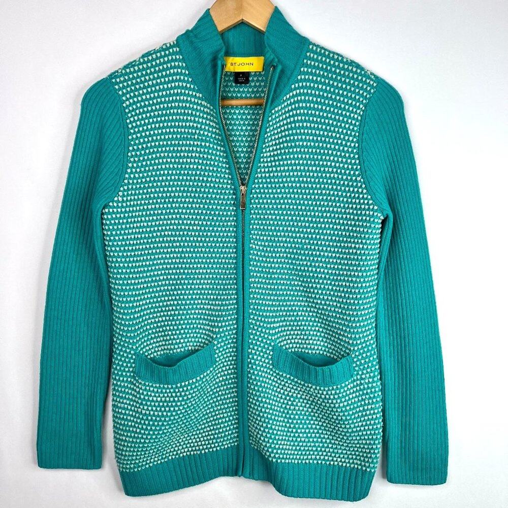 St. John Aqua Zip Up Wool Cardigan P/S
